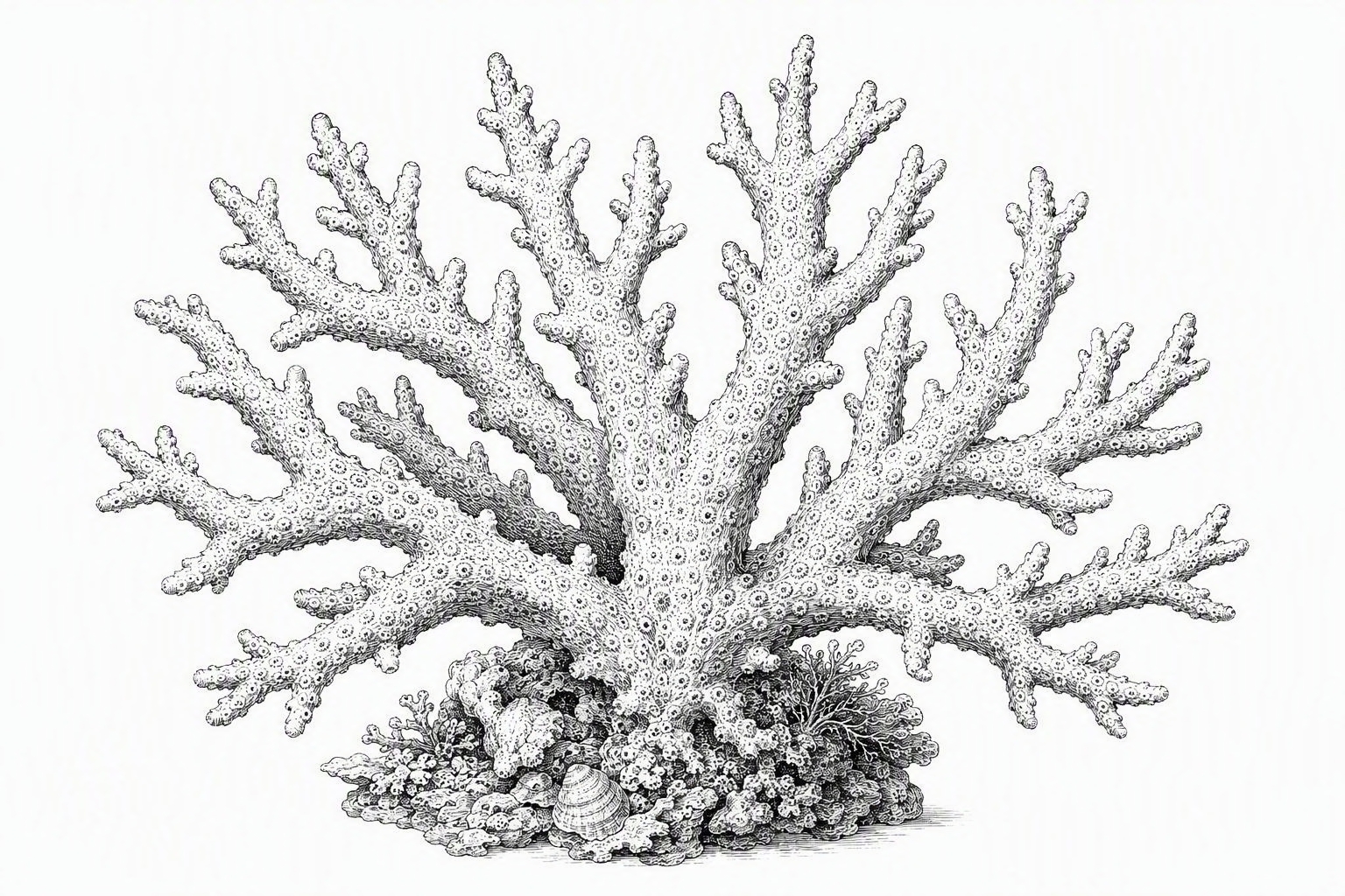 Engraving of a staghorn coral colony