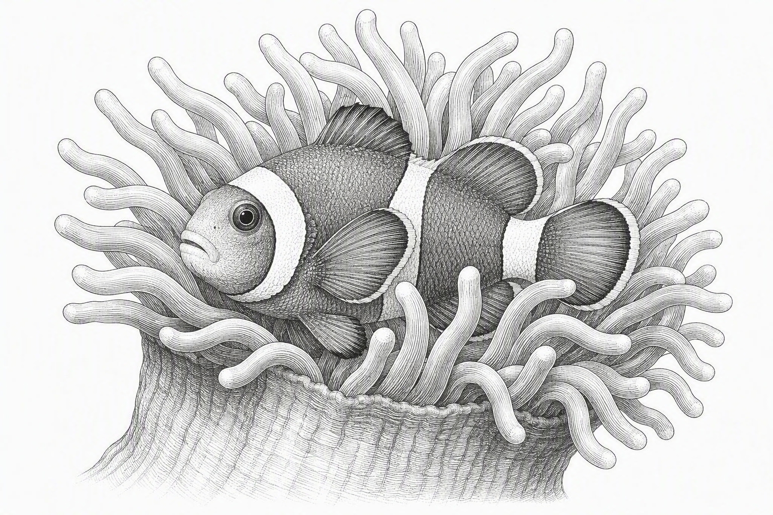 Engraving of a clownfish in an anemone